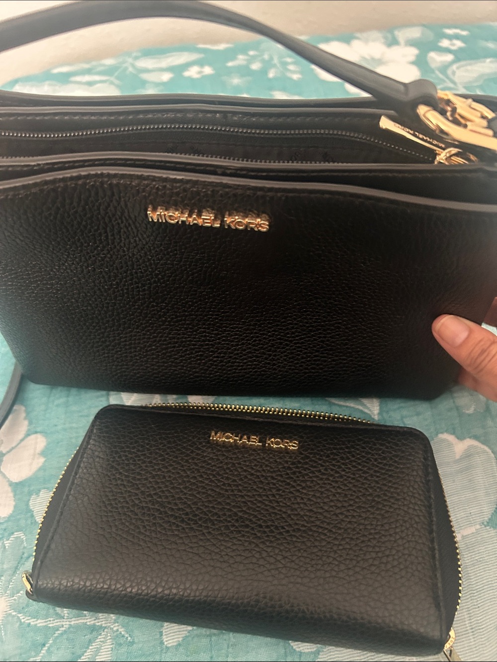 Michael Kors Black Pebbled Leather Crossbody with Matching Wallet Set